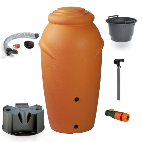 Zbiornik na deszczówkę AQUACAN 210 l terrakota - z przyłączami i podstawą