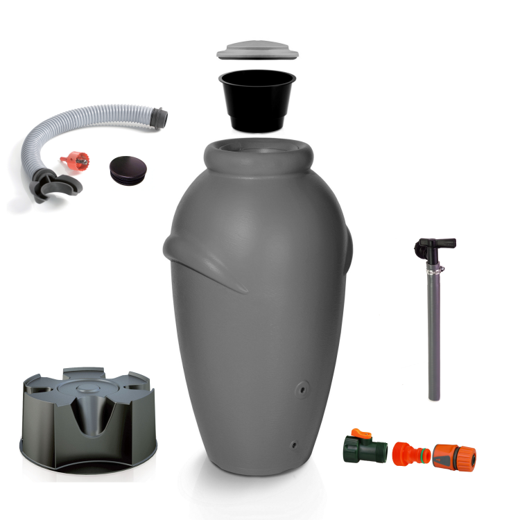 Zbiornik na deszczówkę KOMPLET AQUACAN 360 l + przyłącza, podstawa Szary