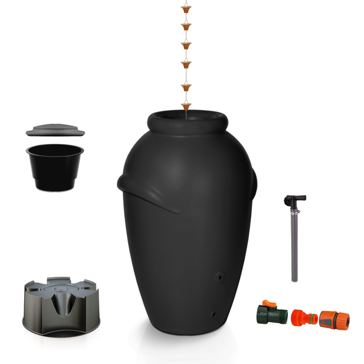 Zbiornik na deszczówkę AQUACAN 360 l  terrakota z podstawą i łańcuchem rynnowym antracytowy