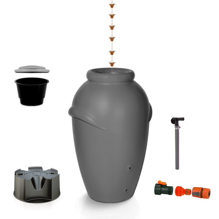 Zbiornik na deszczówkę AQUACAN 360 l  terrakota z podstawą i łańcuchem rynnowym szary