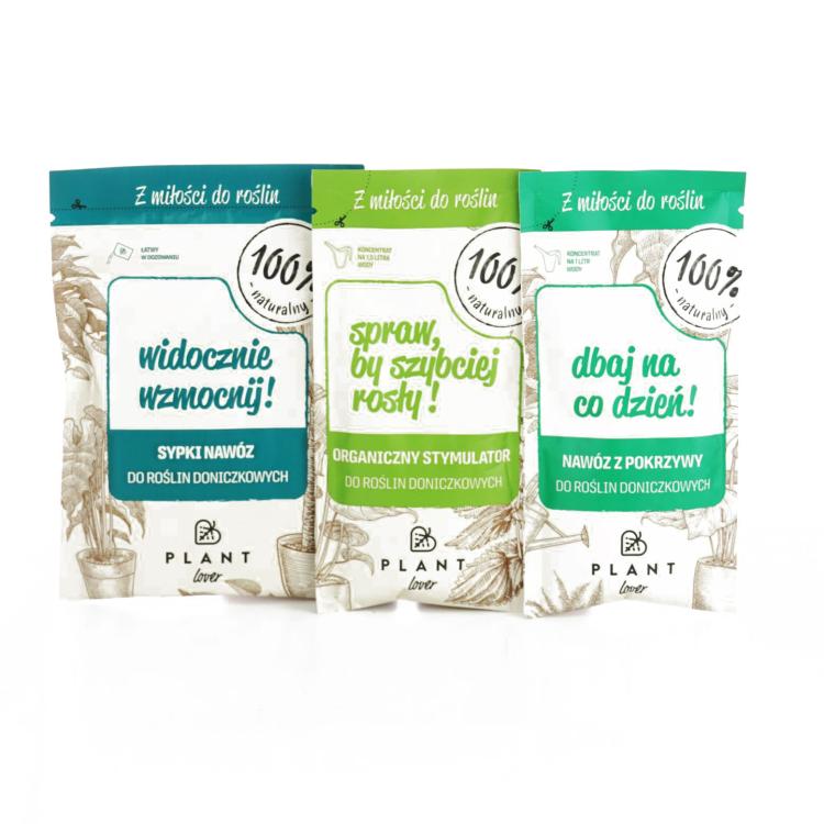 Zestaw nawozów Plant Lover, WIDOCZNIE WZMOCNIJ!, DBAJ NA CODZIEŃ!, SPRAW BY SZYBCIEJ ROSŁY!