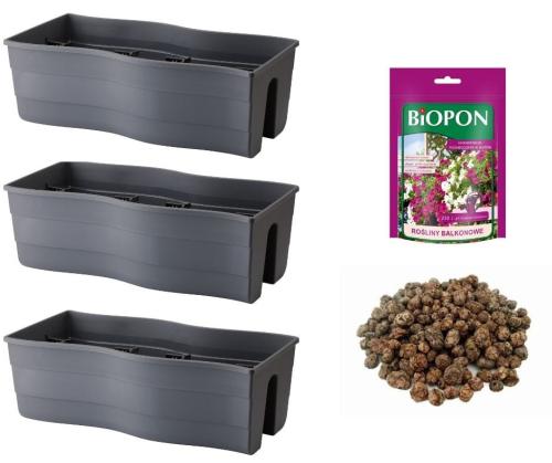 Doniczka na balustradę Wave 60 komplet 3 szt. z keramzytem i odżywką