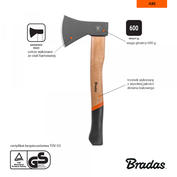 Siekiera uniwersalna z drewnianym trzonkiem, Bradas, 600g