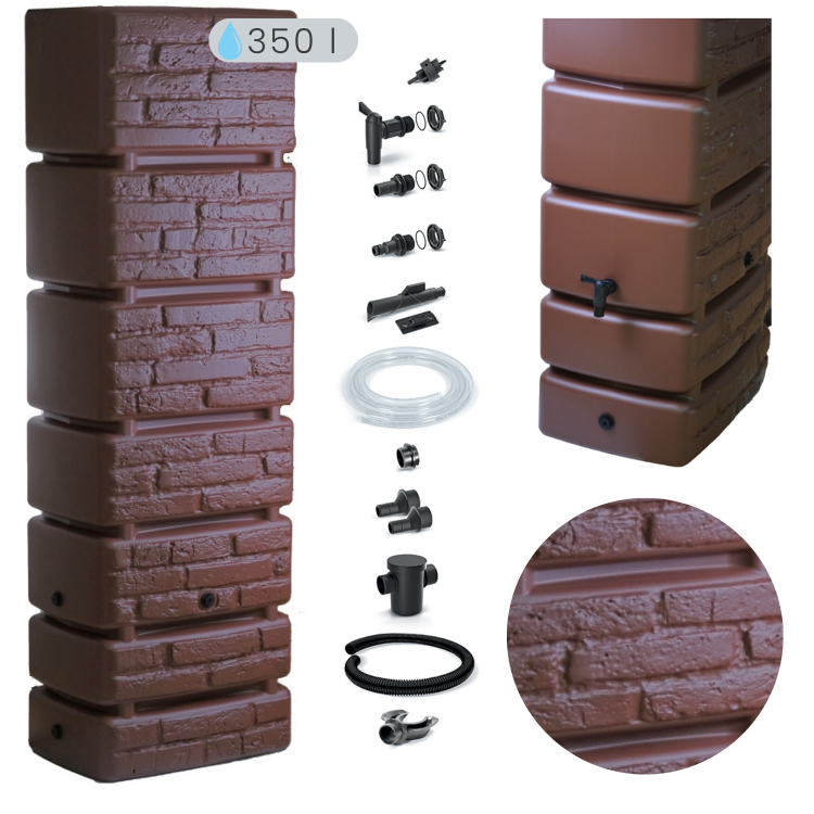 Zbiornik na wodę deszczową TOWER BRICK IDTB350 z przyłączami, rustykalna cegła