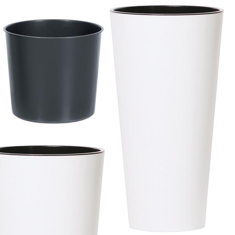 Doniczki Tubus Slim DTUS200 – porównanie kolorów: biała i czarna, widok z przodu