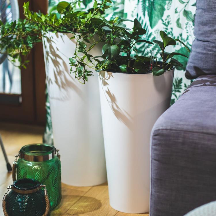 Doniczka Tubus Slim DTUS200 – biała matowa, dekoracja salonu z dużą ilością zieleni