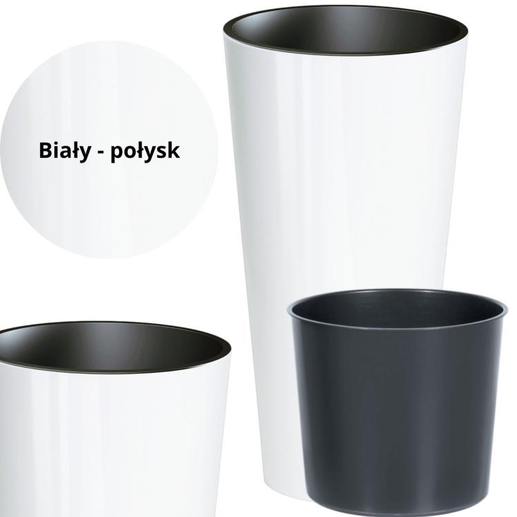 Doniczka Tubus Slim Shine DTUS200S – zbliżenie na zestaw biały połysk z wkładem