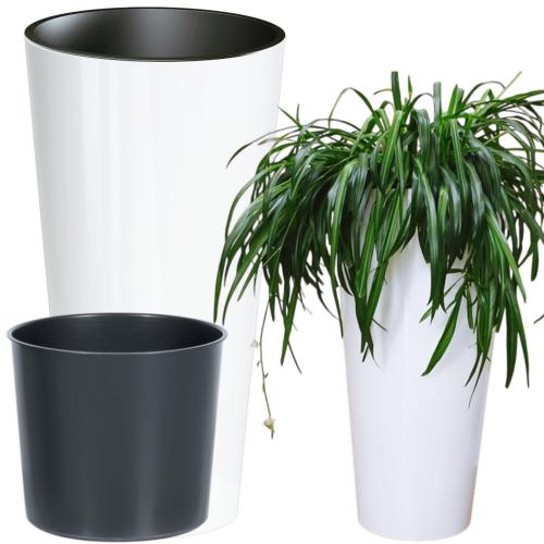 Doniczka Tubus Shine DTUS200S z nawadnianiem – biała z połyskiem, zestaw z czarnym modelem, ujęcie studyjne